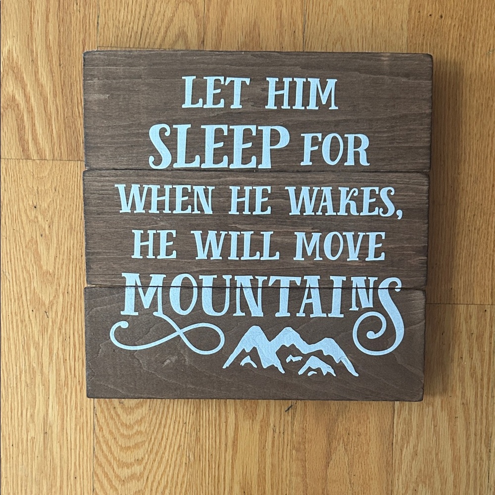 Rustic Brown Wall Sign "Let Him Sleep" - Light Blue Text